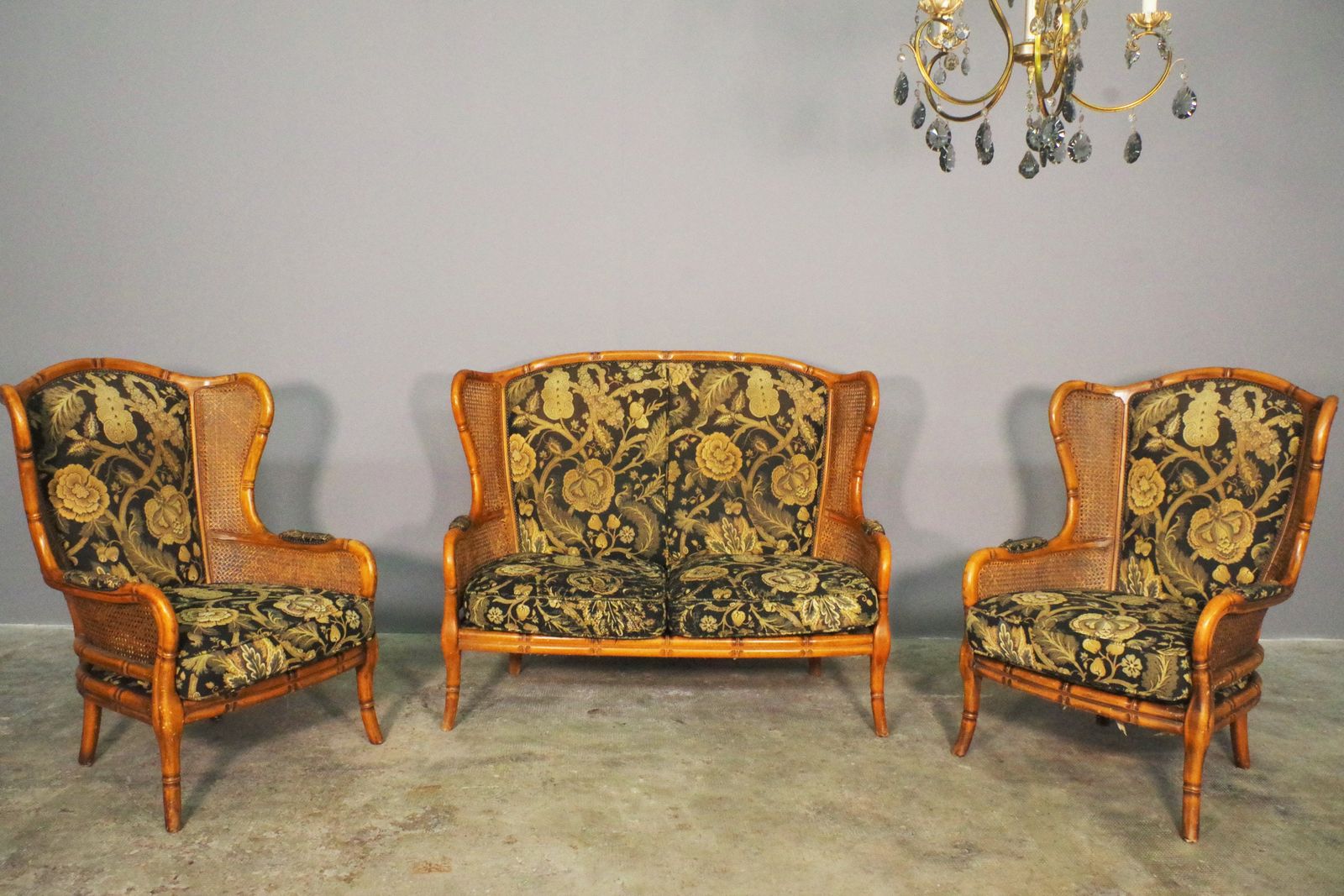 Sofa And 2 Armchairs Set In Bamboo And Wicker From The 1980s