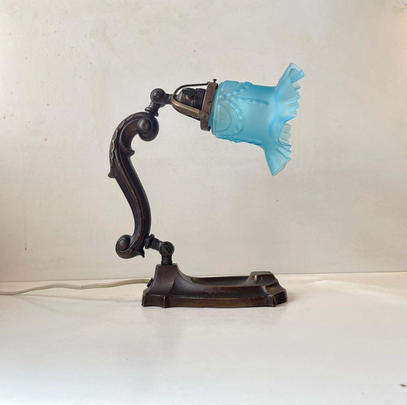 Antique Piano Or Table Lamp In Bronze & Blue Glass, 1920s photo vinterior