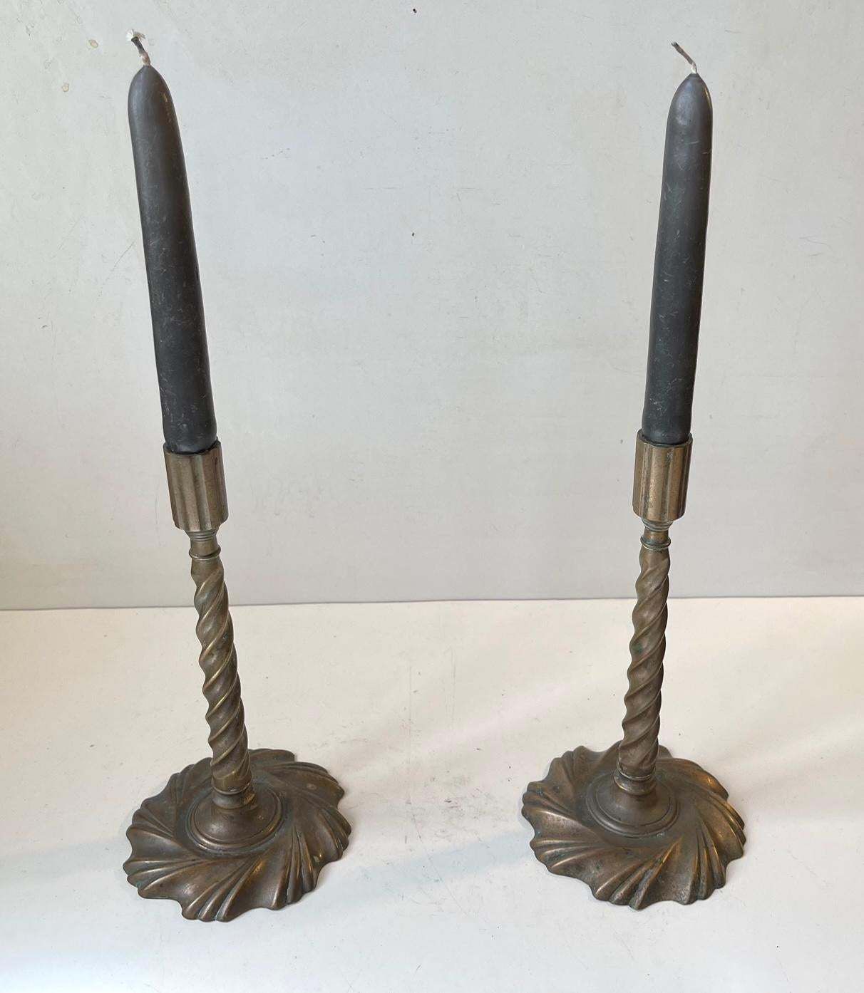 Gothic Twisted Column Candlesticks In Bronze, 19th Century, Set Of 2 photo for sale