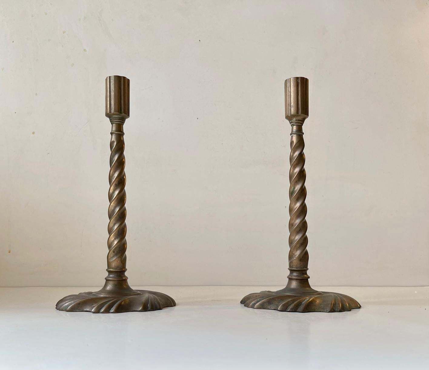 Gothic Twisted Column Candlesticks In Bronze, 19th Century, Set Of 2 photo vintage