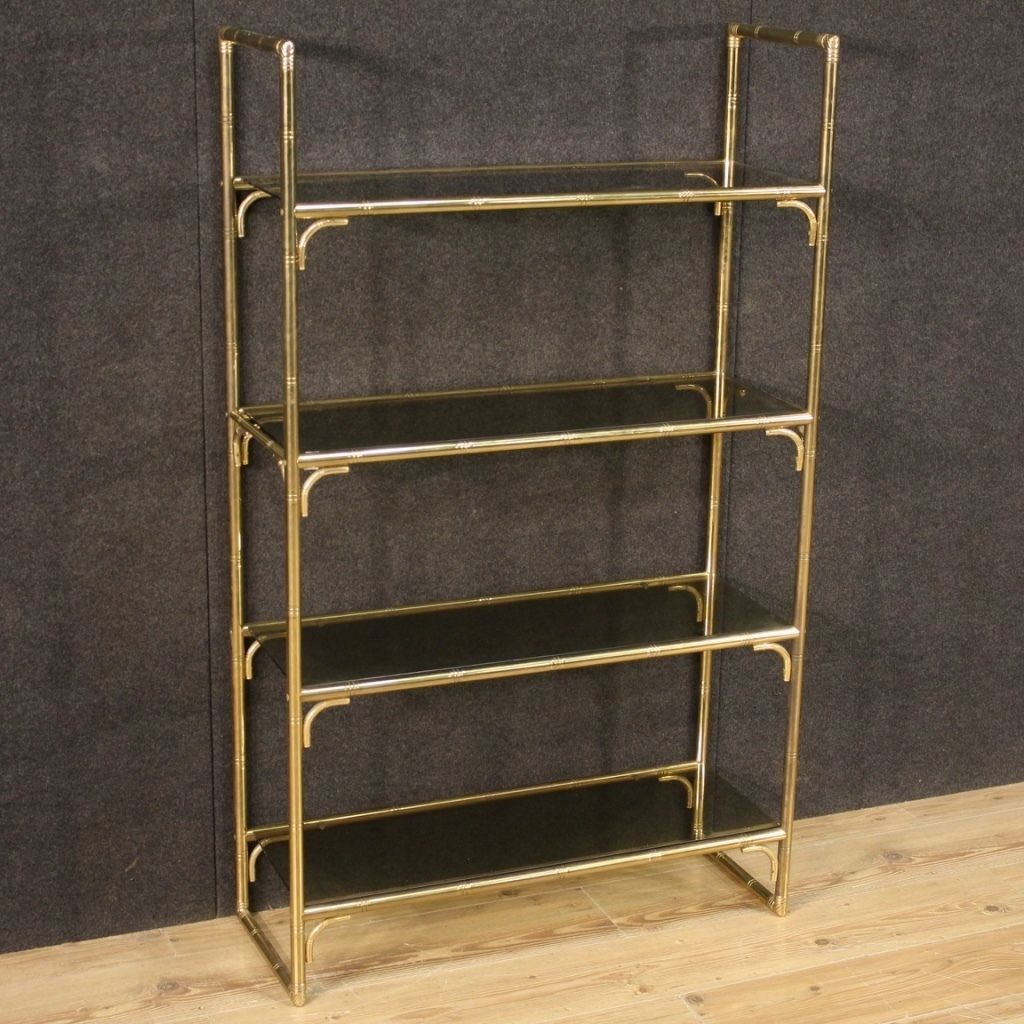 Italian Bookshelf In Golden Metal With Glass Shelves