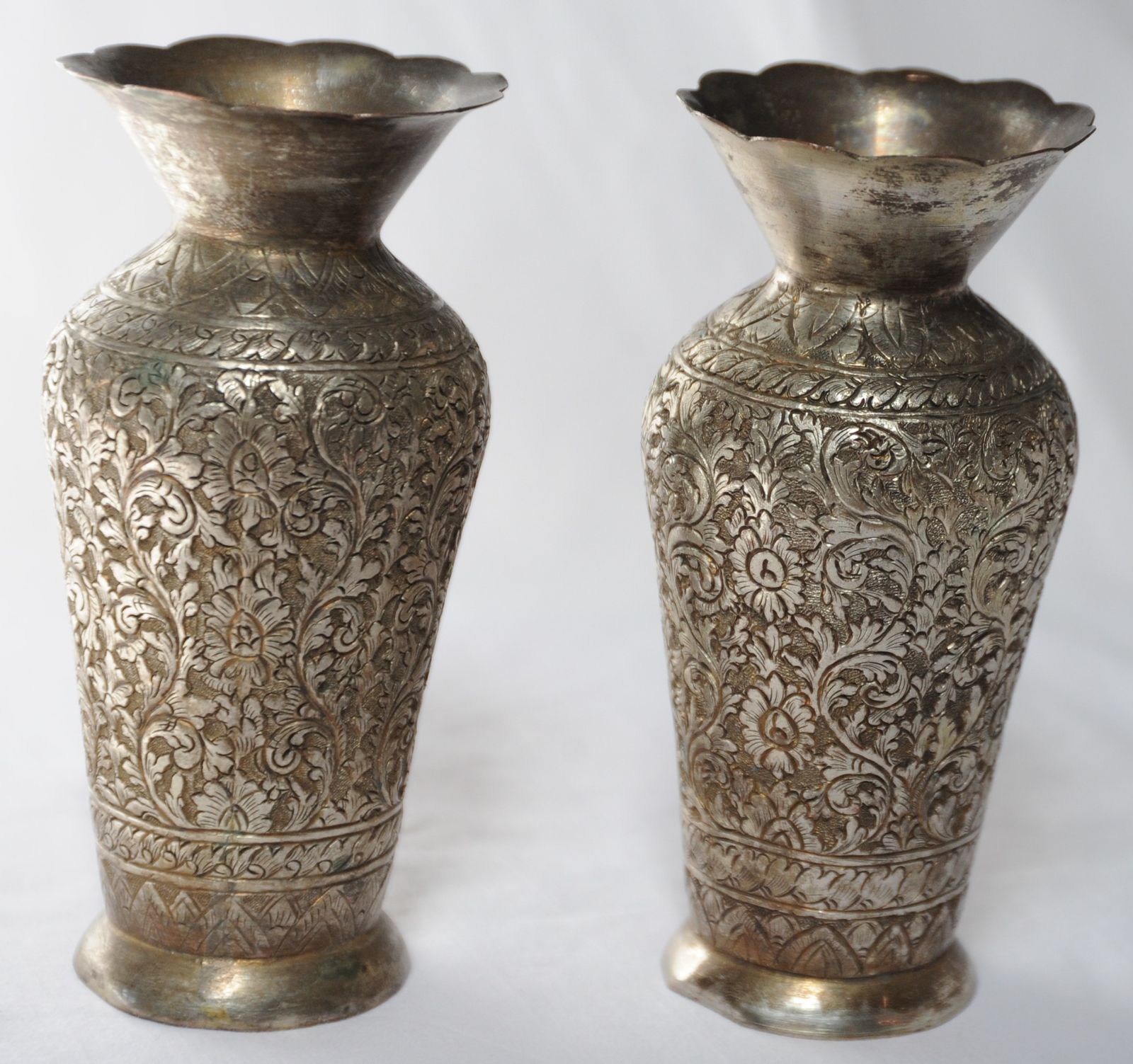 Antique Pair Of Finely Engraved Indian Tinned Brass Vases photo 176.0