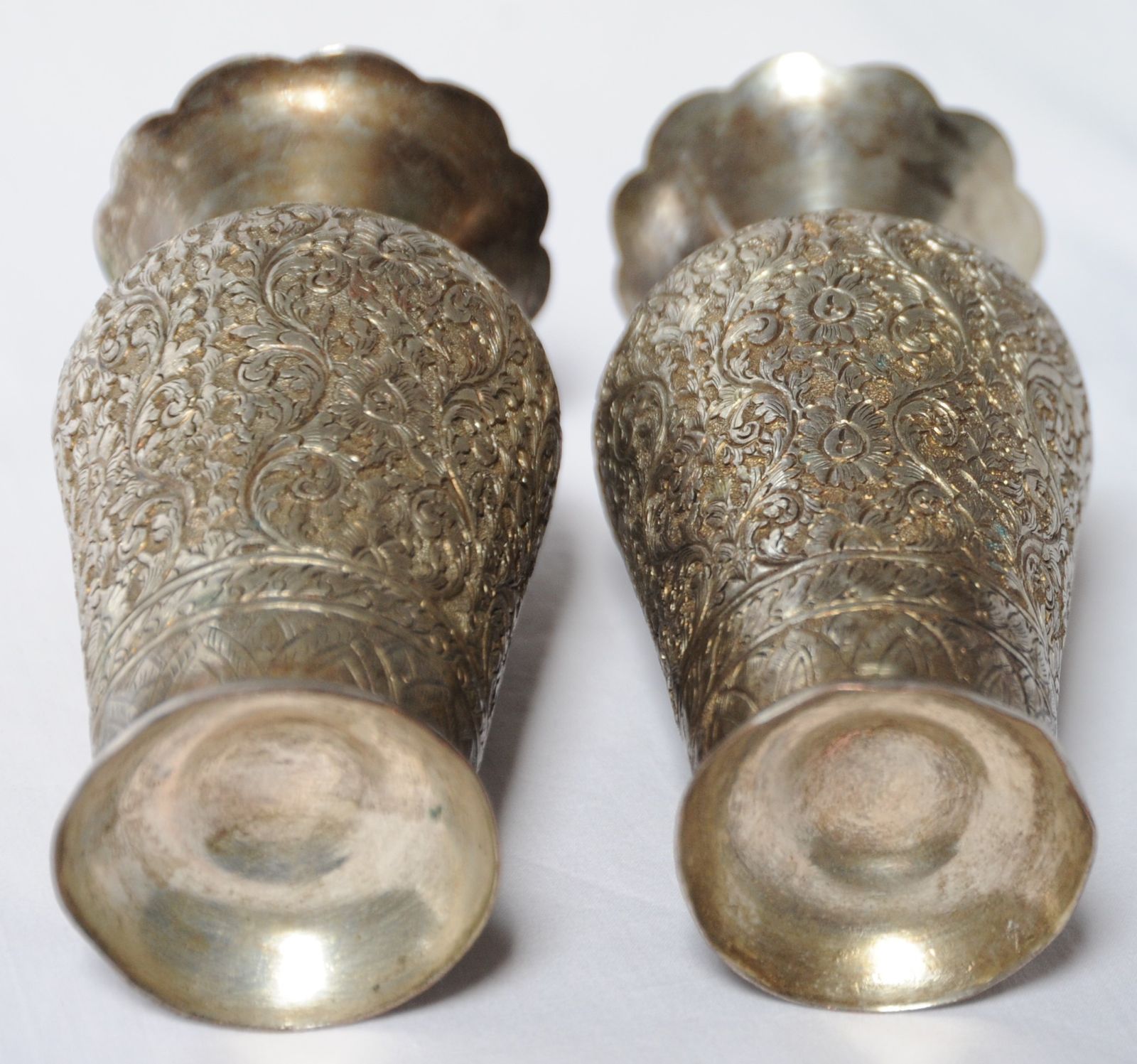 Antique Pair Of Finely Engraved Indian Tinned Brass Vases photo buy