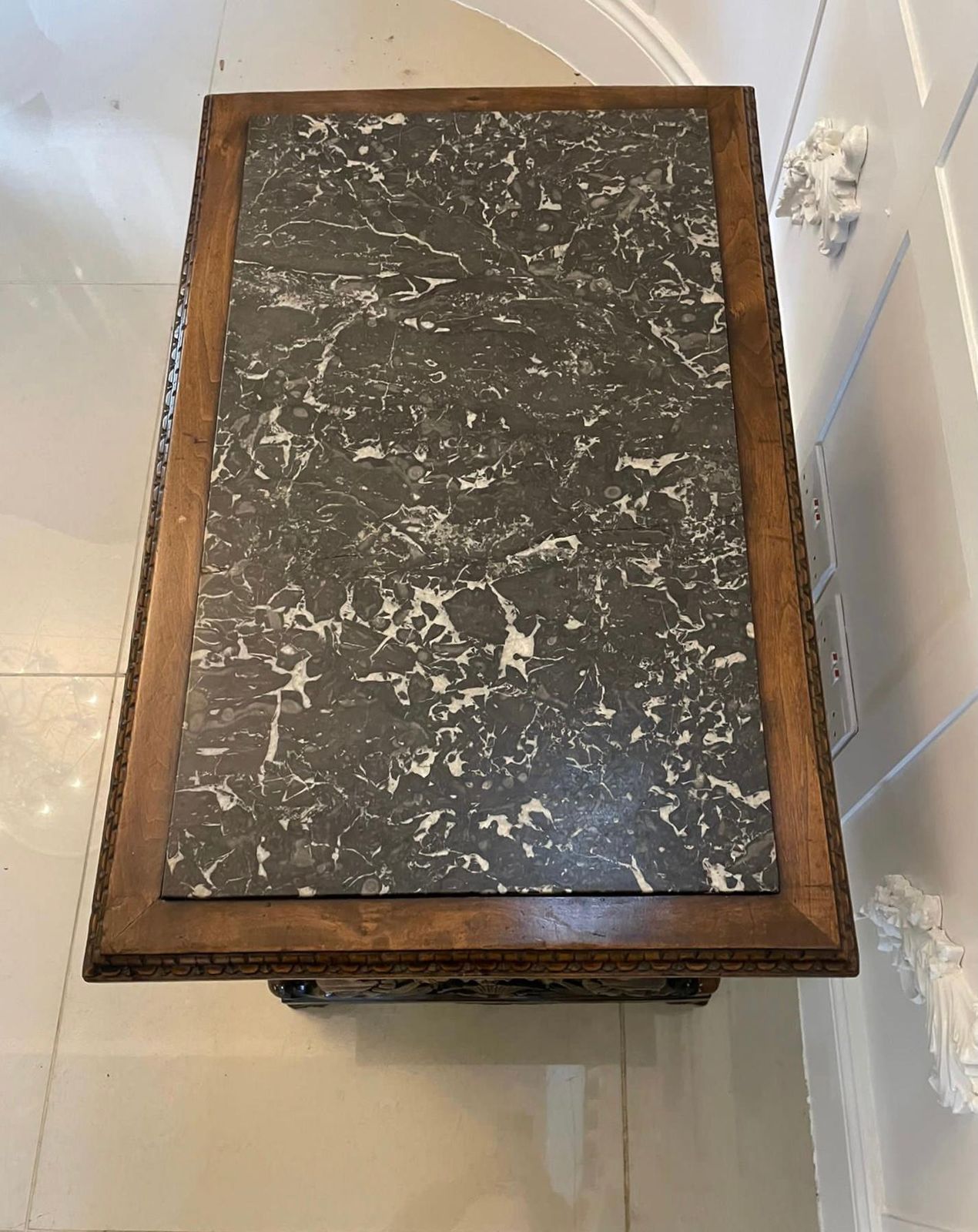 photo furniture Unusual Antique Quality Carved Walnut And Marble Top Italian Coffee Table