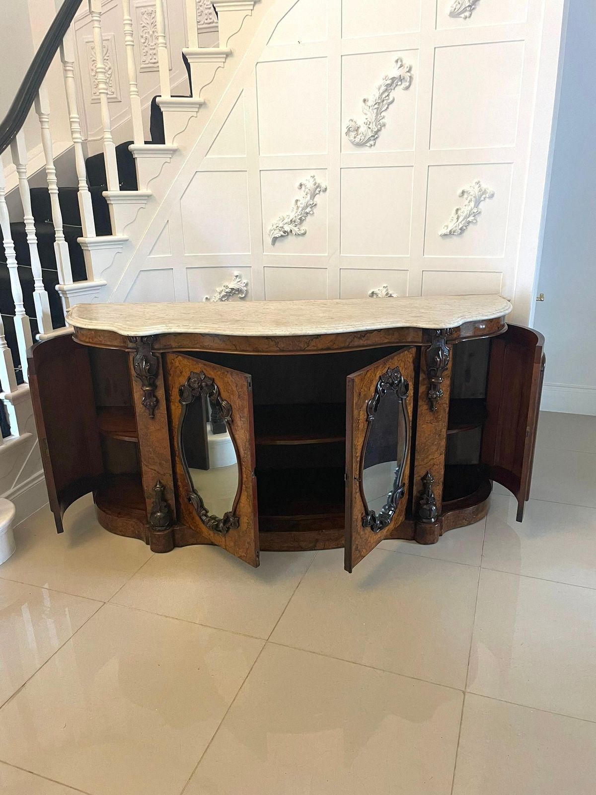 Outstanding Quality Antique Burr Walnut Marble Top Credenza/Sideboard photo vinterior
