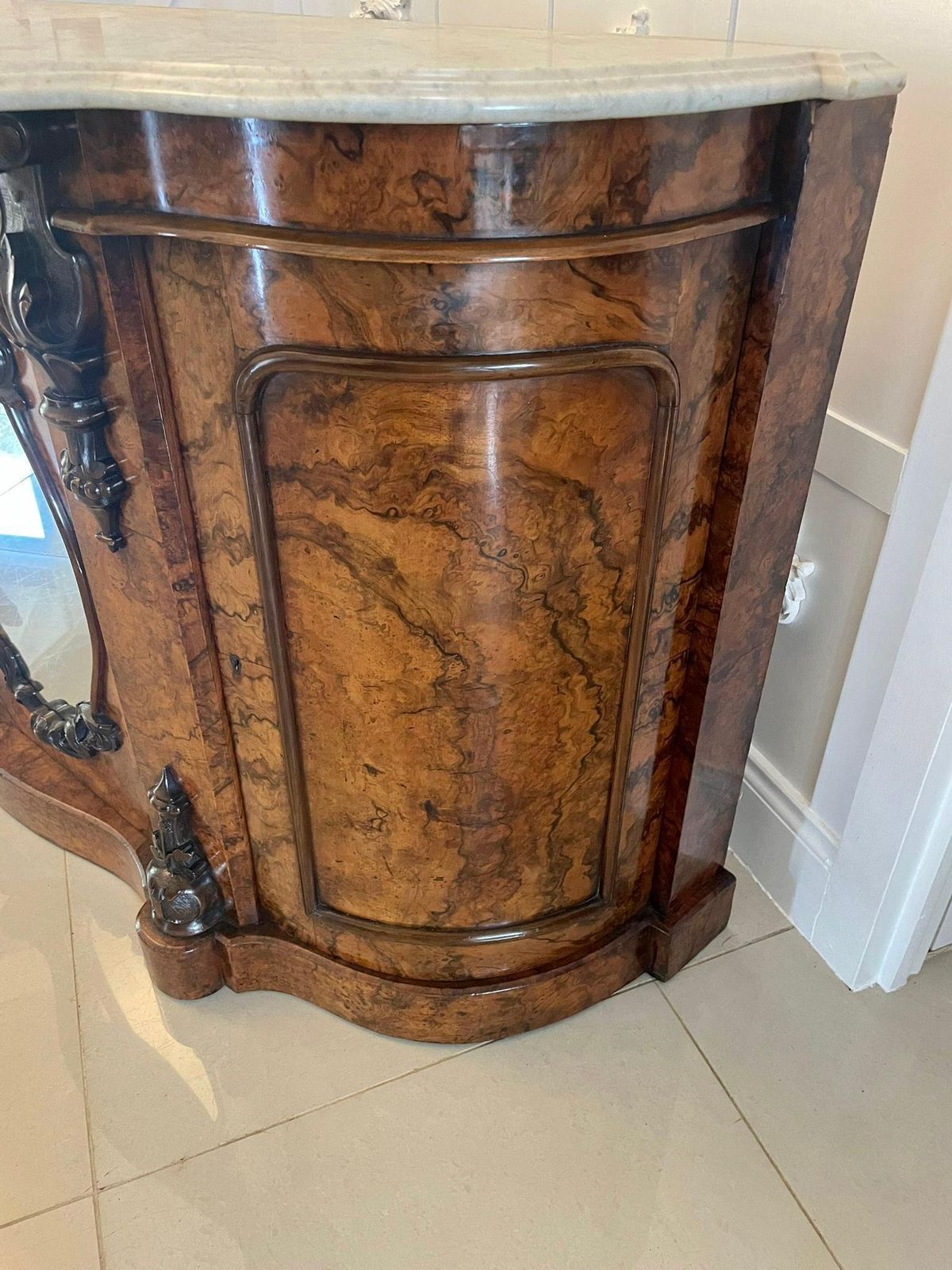 Furniture Outstanding Quality Antique Burr Walnut Marble Top Credenza/Sideboard photo