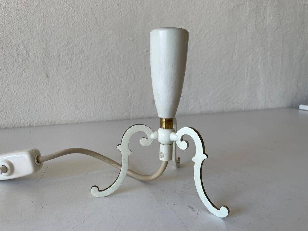 Mid Century Fabric Shade & White Metal Tripod Pair Of Bedside Lamps, 1950s, Germany photo buy