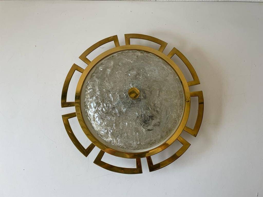 Charming Ice Glass & Brass Sunshine Design Large Ceiling Or Wall Lamp By Schröder Leuchten, 1960s, Germany photo Lighting