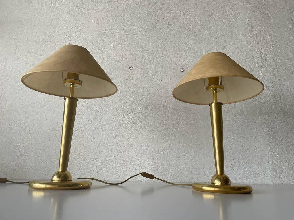 Fabric Shade & Brass Atomic Body Elegant Pair Of Table Lamps, 1980s, Germany photo 1884.8