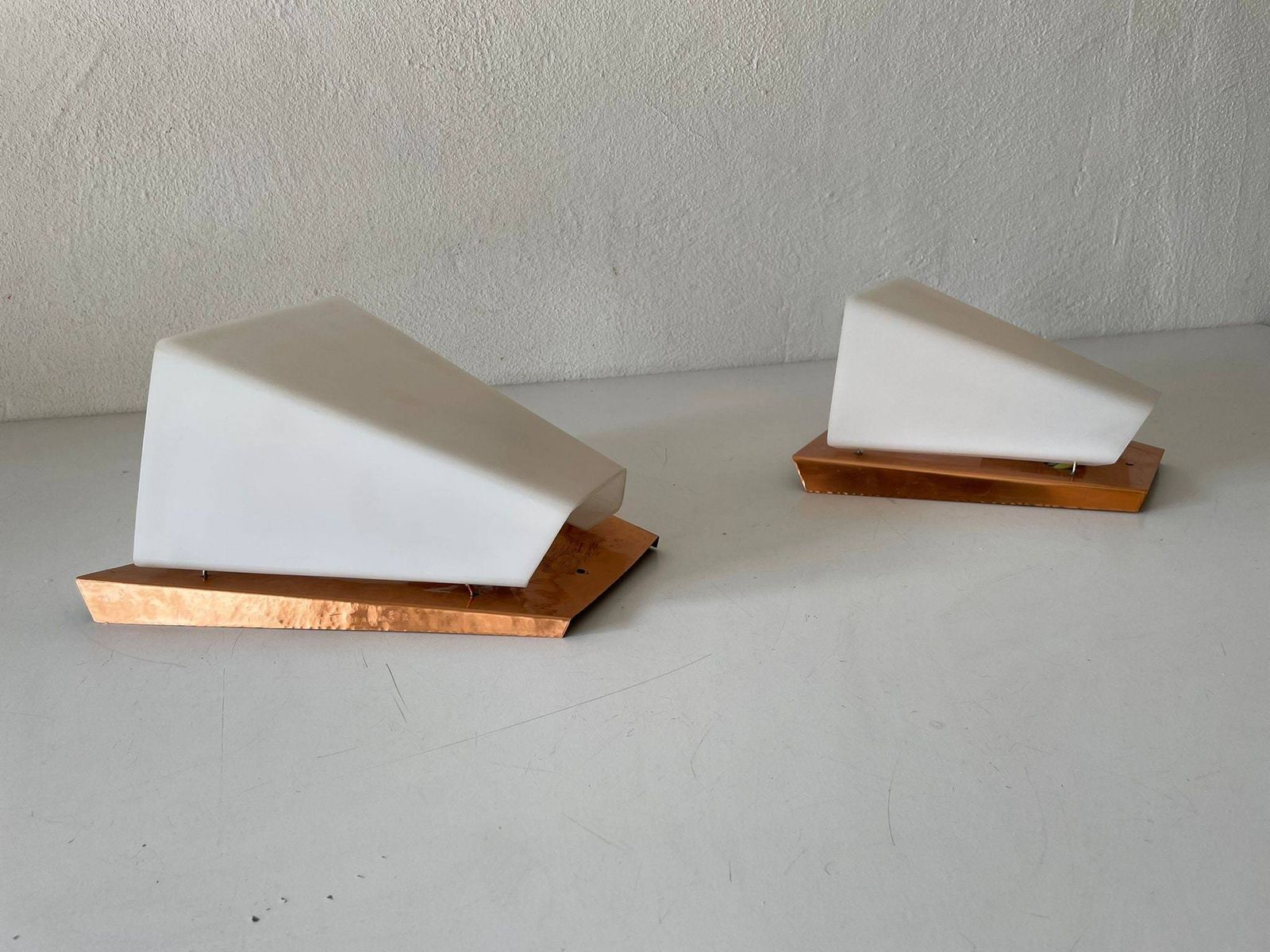 Rare Copper And Plexiglass Pair Of Big/Small Sconces By Weckelweller Werkstätten, 1950s, Germany photo vinterior