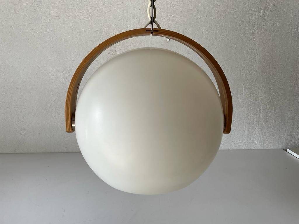 White Plastic And Bent Wood Space Age Pendant Lamp By Temde, 1970s, Switzerland photo vintage