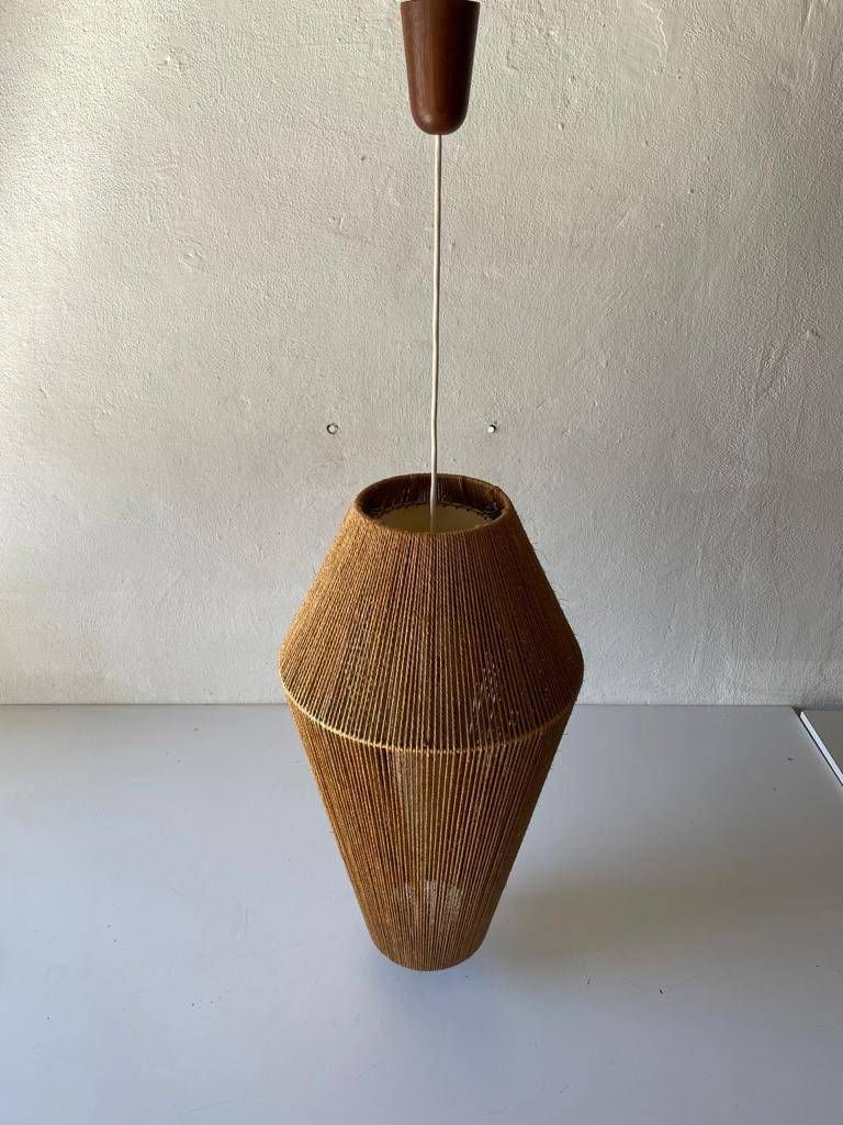 Raffia Bast And Teak Large Pendant Lamp By Ib Fabiansen For Fog & Mørup, 1960s, Denmark photo vinterior