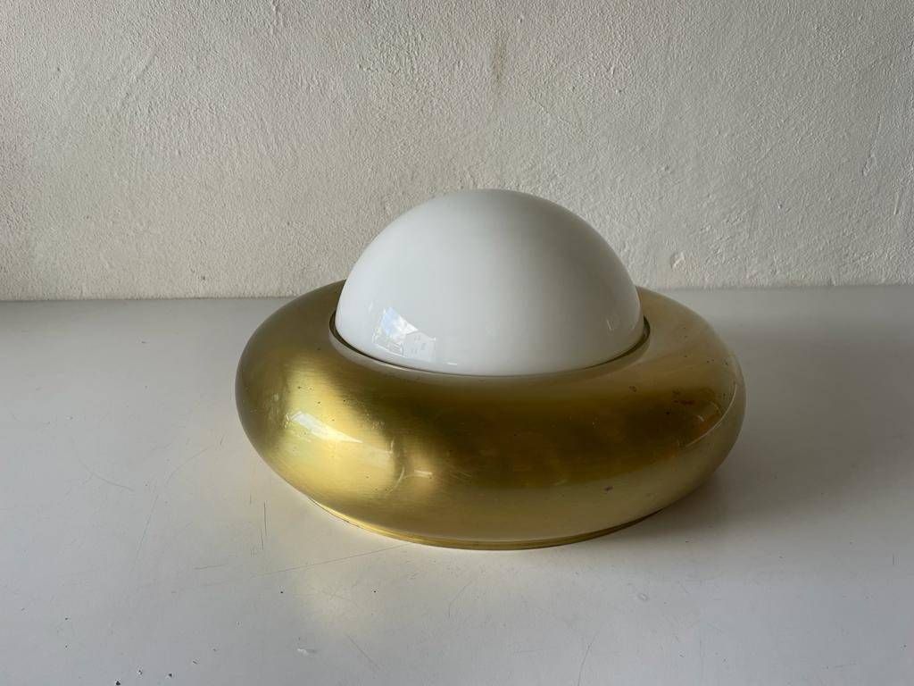 Opal Glass & Brass Ufo "Medium Size" Flush Mount Light Or Sconce By Valenti, 1970s, Italy photo furniture