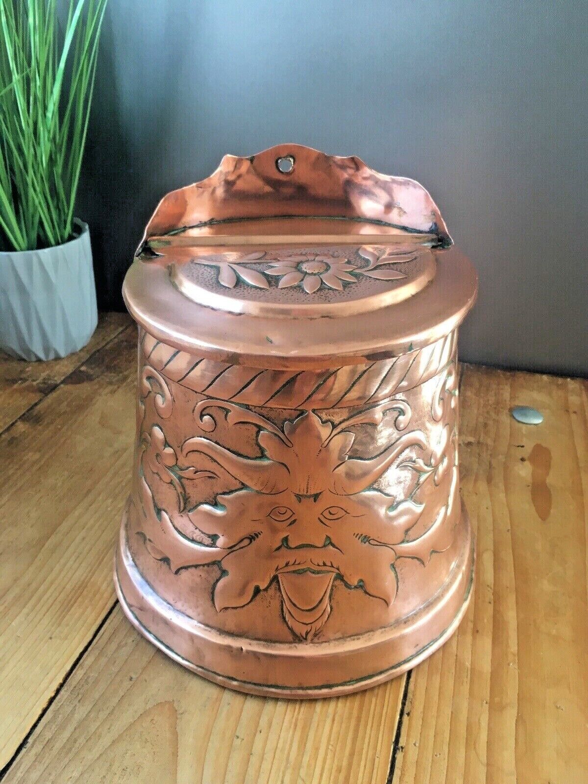 Antique Arts & Crafts Hanging Copper Salt Box Cellar Acanthus Leaf Norse God Sun photo furniture