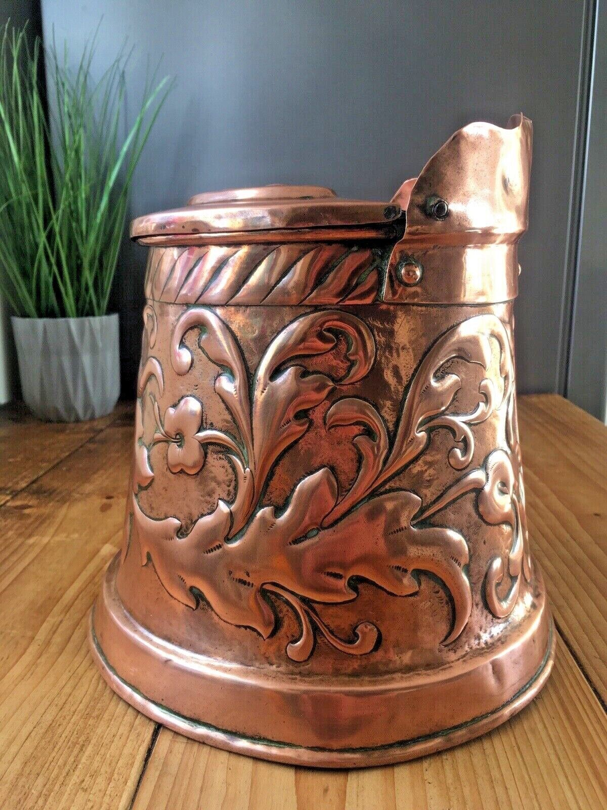 Antique Arts & Crafts Hanging Copper Salt Box Cellar Acanthus Leaf Norse God Sun photo vinterior