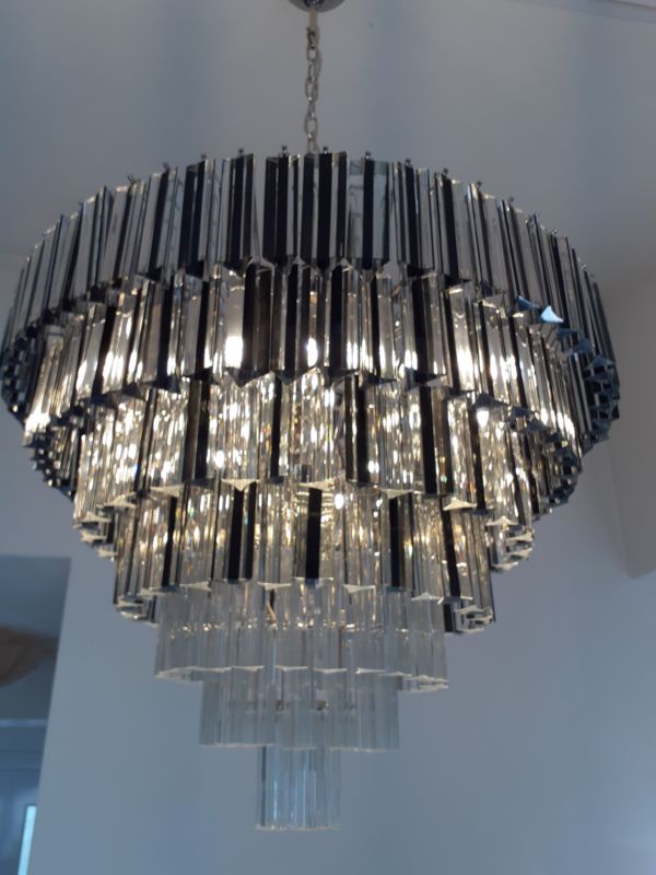 Vintage Clear And Black “Triedro” Murano Glass Chandelier photo for sale