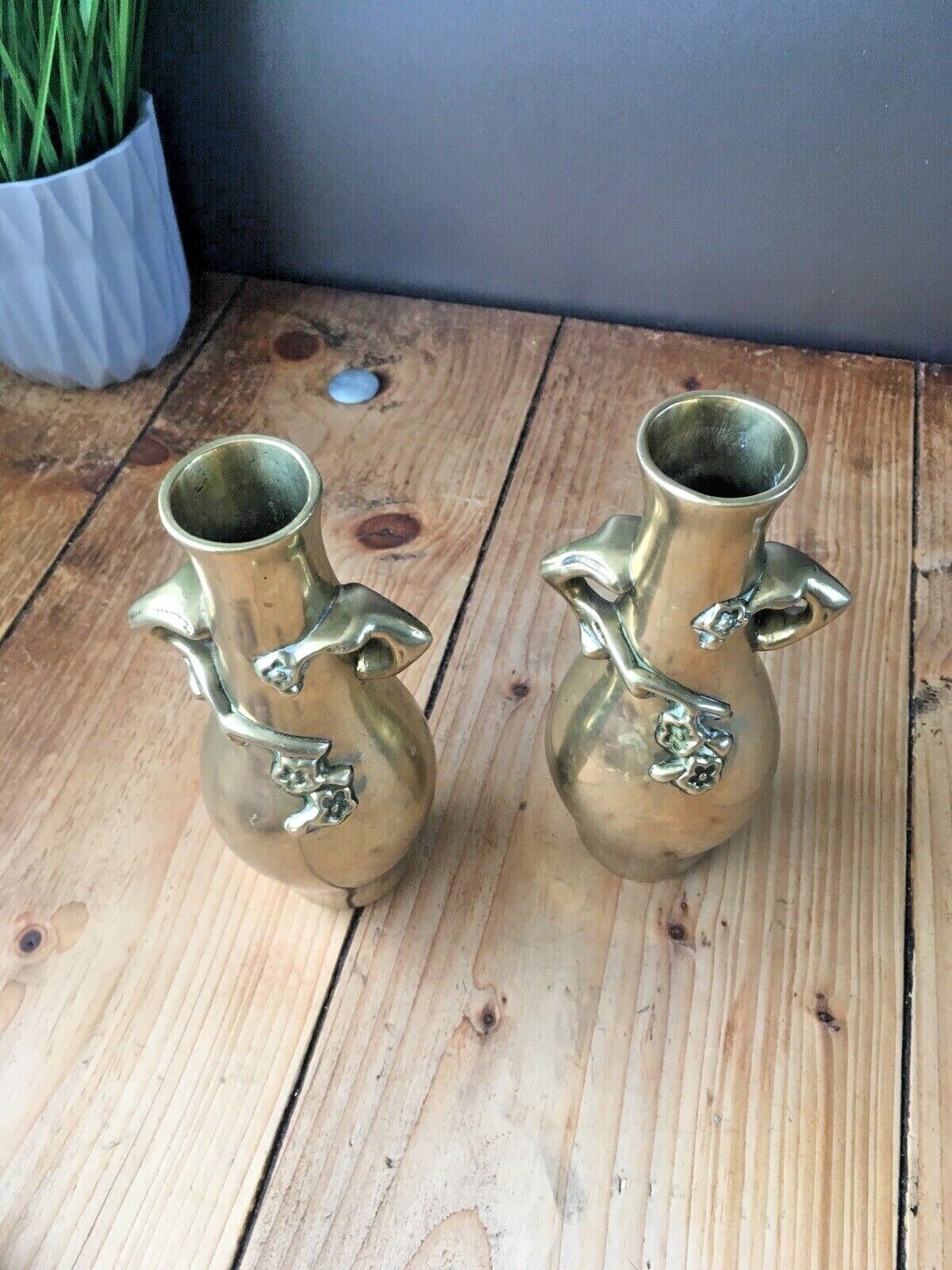 Pair Of Antique Japanese Meiji Period Brass Bud Vases Floral Aesthetic Movement photo vintage