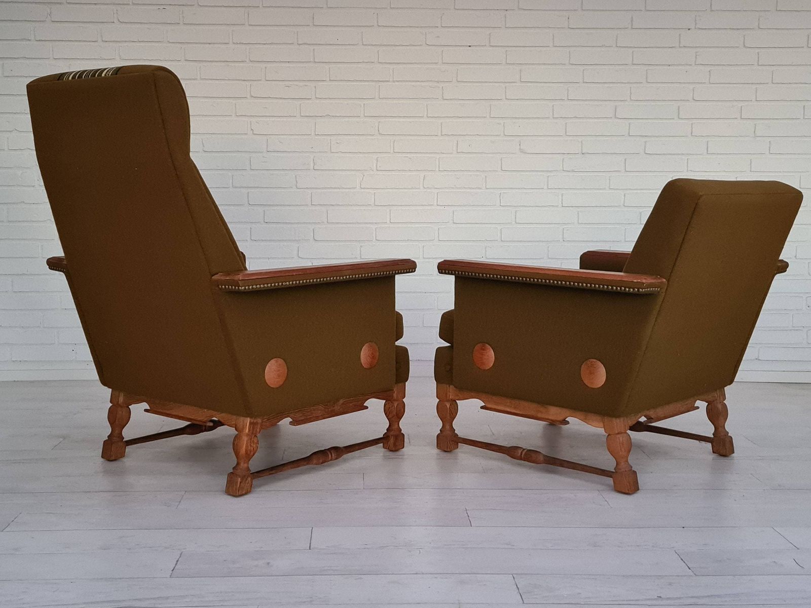 1970s, Danish Design, Set Of Armchairs, Oak Wood, Wool, Original Condition photo for sale