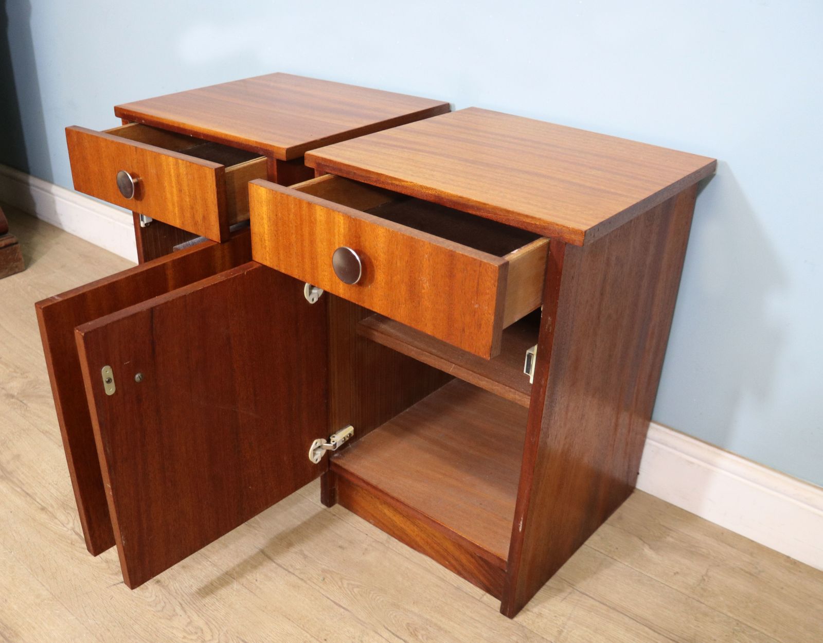 photo furniture A Lovely Pair Of Retro Teak Veneered Bedside Cabinets.