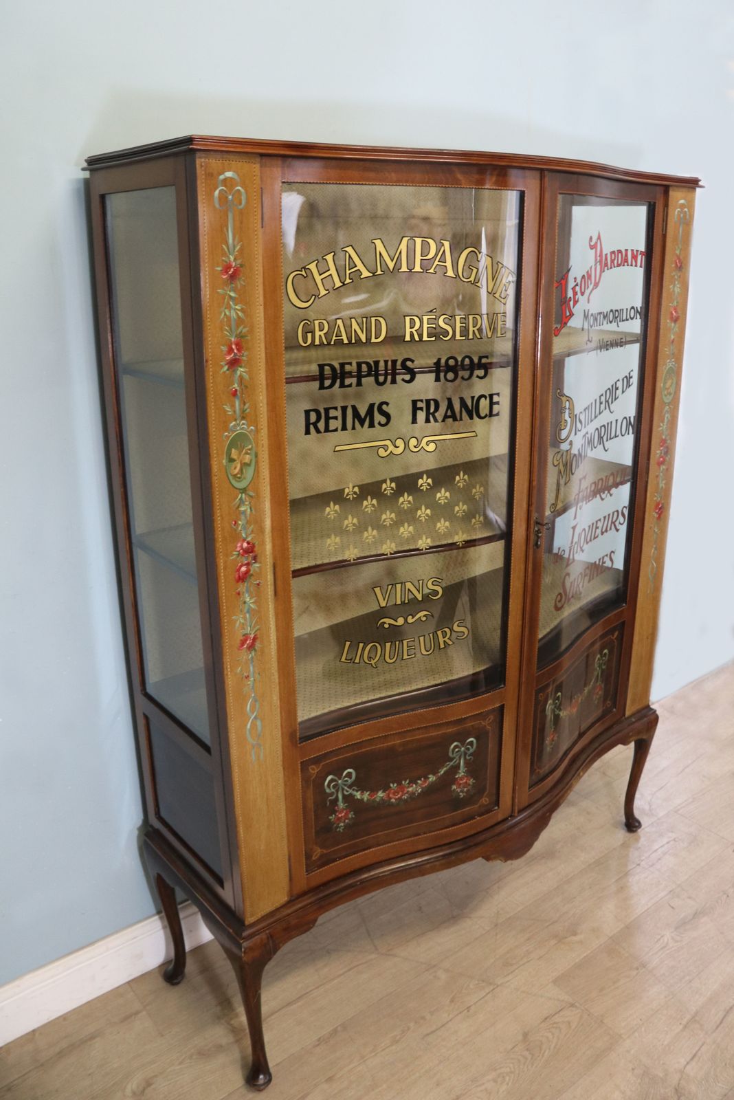 A Superb Edwardian Mahogany, Satinwood Inlaid And Floral Painted Display Cabinet. photo Furniture