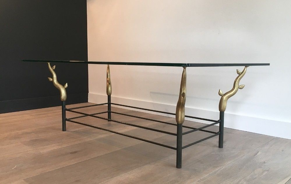 This Unusual Coffee Table Is Made Of Wrought Iron Black Lacquered And Gold Tree Branches With A Glass Top. French Work, In The Style Of Willy Daro photo for sale