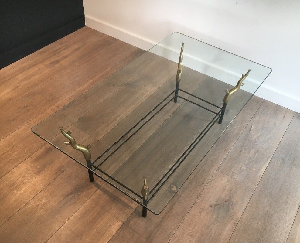 This Unusual Coffee Table Is Made Of Wrought Iron Black Lacquered And Gold Tree Branches With A Glass Top. French Work, In The Style Of Willy Daro photo vinterior