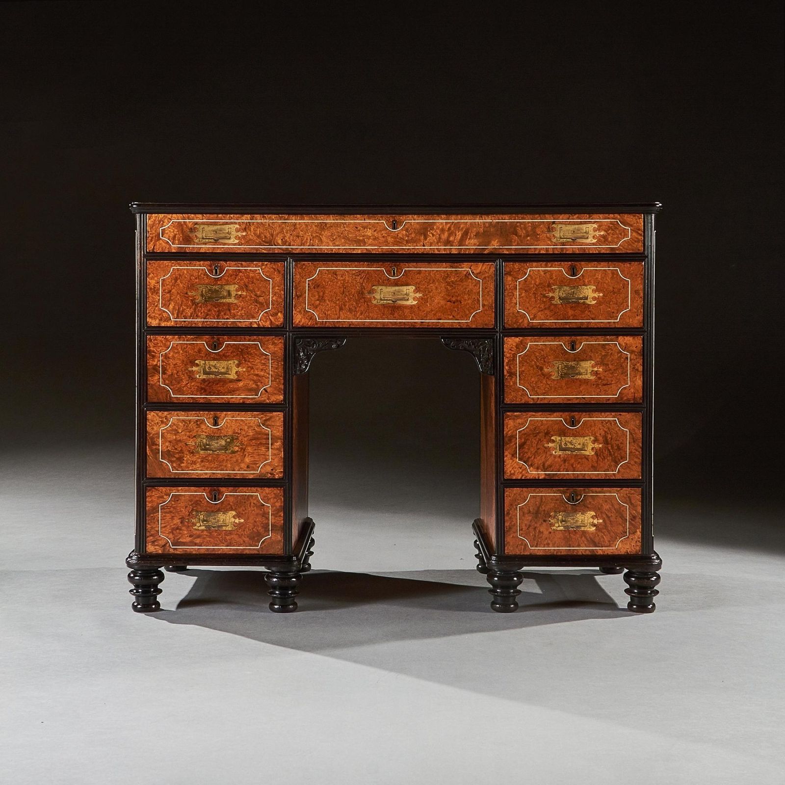 A Rare Chinese Export Amboyna And Ebony Campaign Kneehole Desk photo vintage
