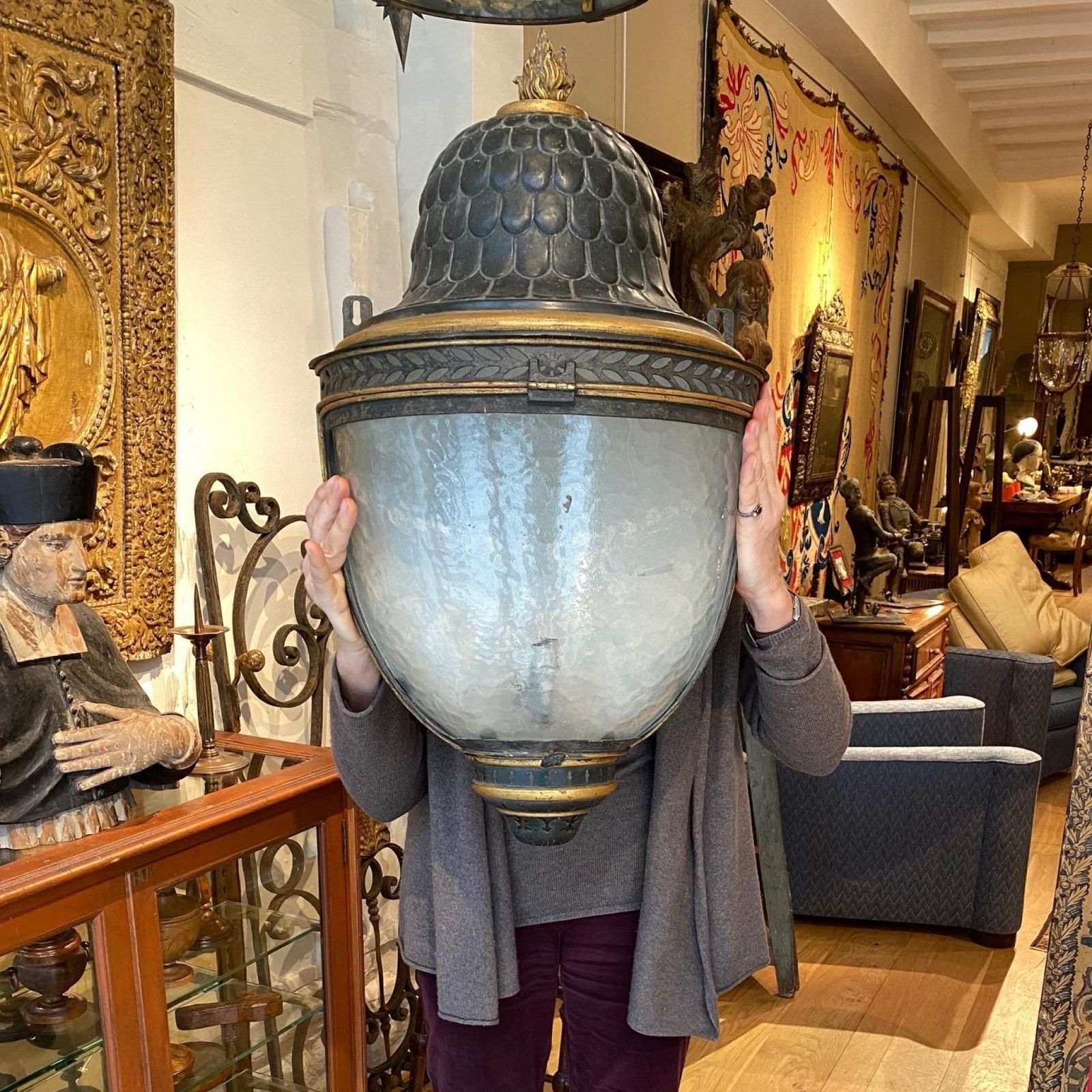 Impressive Pair Of Large Early 19th Century French Tole Peinte And Parcel Gilt Wall Lanterns photo vintage