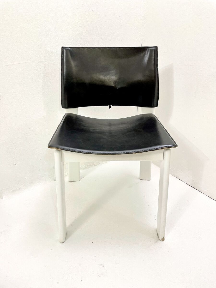Set Of 4 Mid Century Black & White Wooden Leather Chairs photo for sale