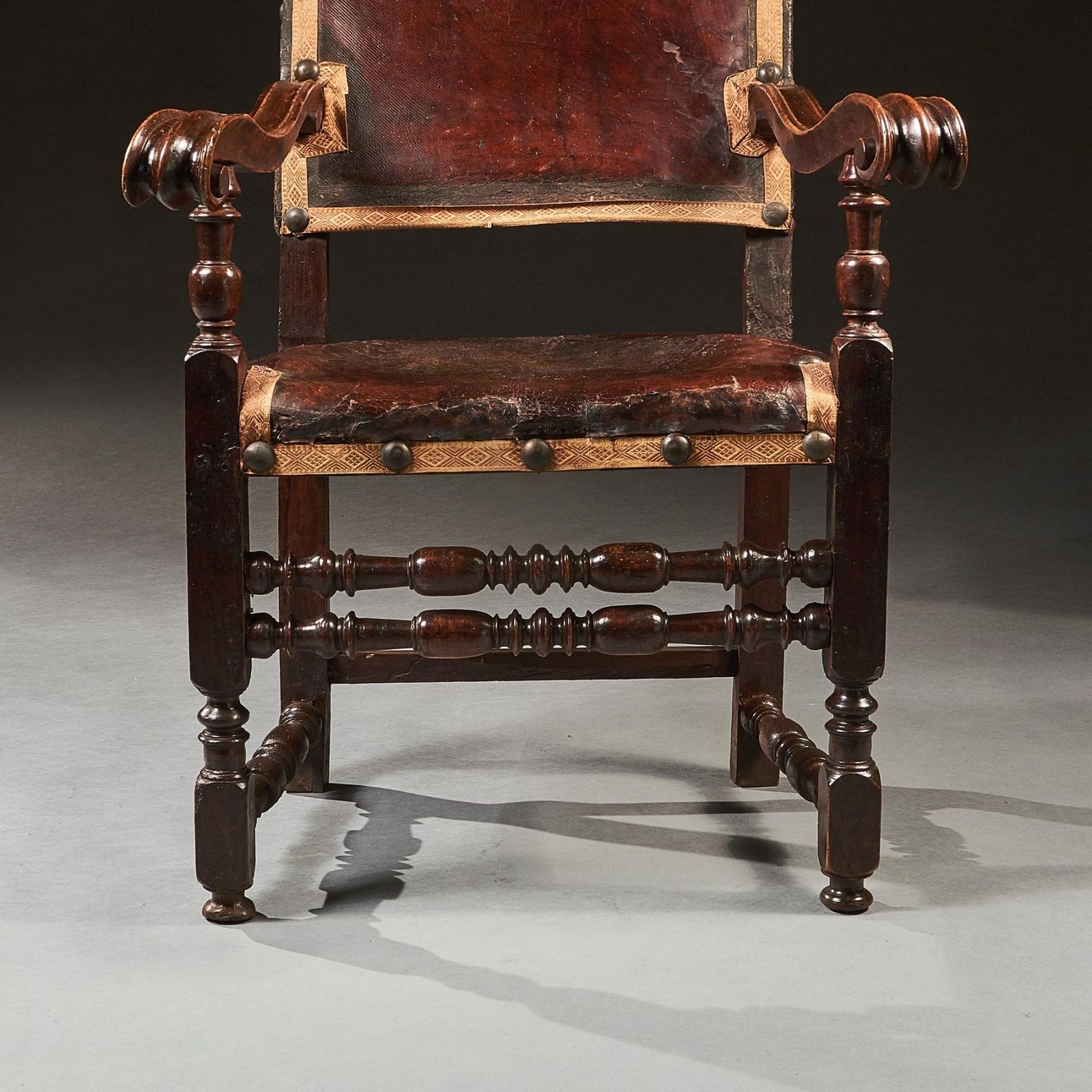 Pair Of 17th Century Italian Baroque Parcel Gilt Walnut Leather Armchairs photo buy