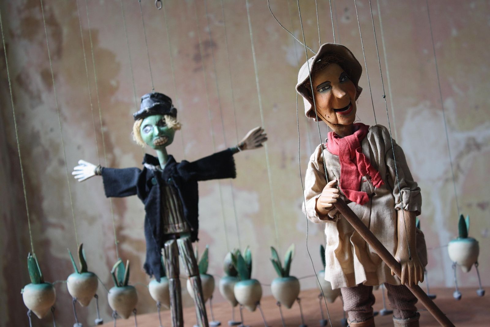 1940's Folk Art John Carr's Jacquard Puppets The Turnip's, Scarecrow & Gardener photo furniture