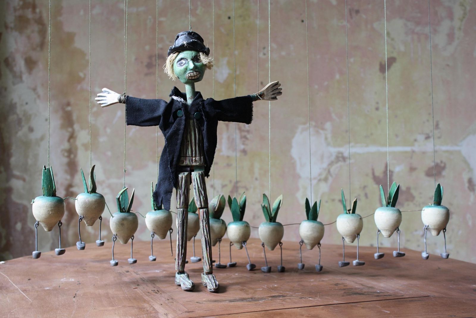 photo furniture 1940's Folk Art John Carr's Jacquard Puppets The Turnip's, Scarecrow & Gardener