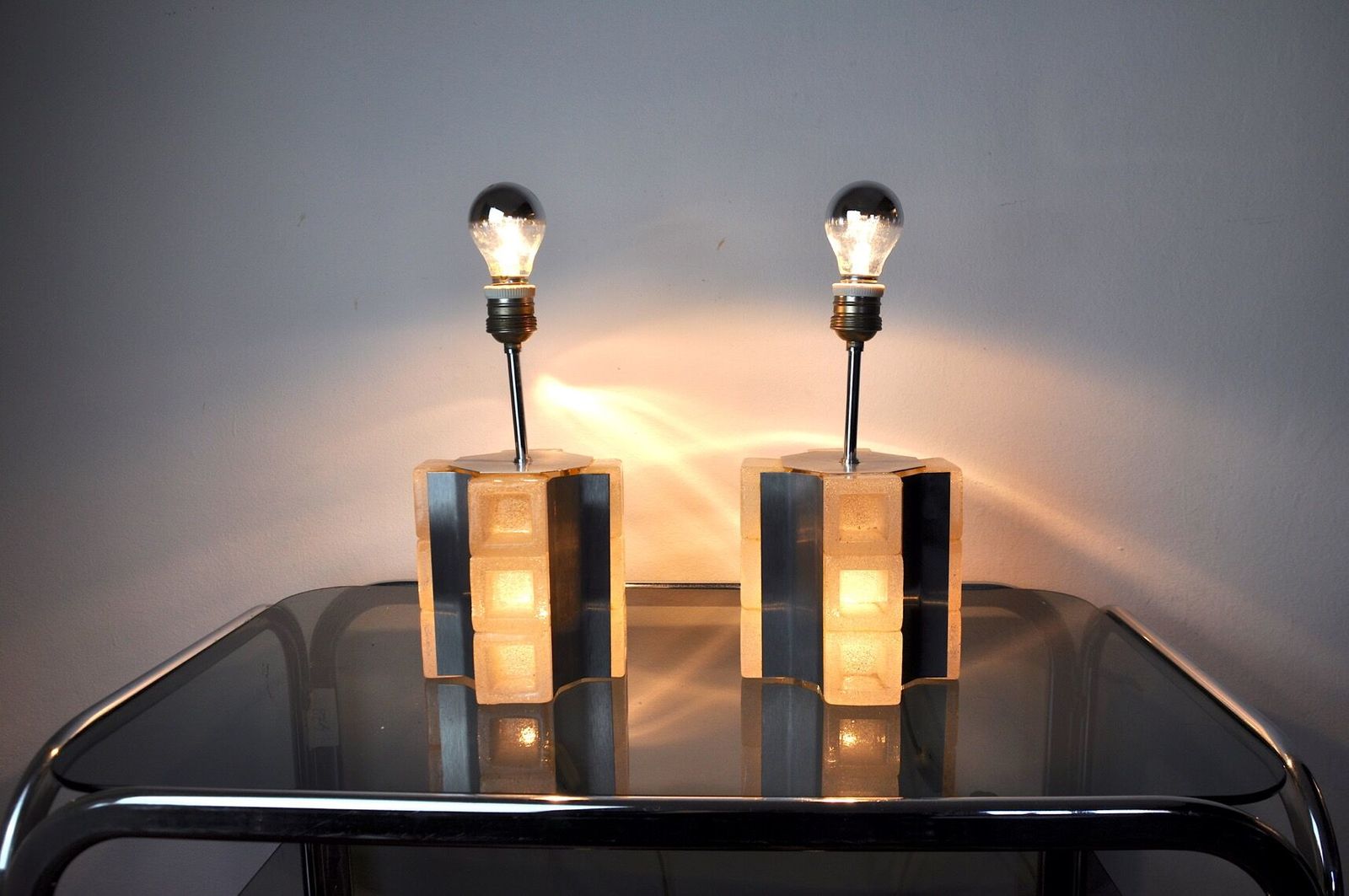 Pair Of Poliarte Cubic Lamps By Albano Poli Murano Glass Italy 1960 photo furniture