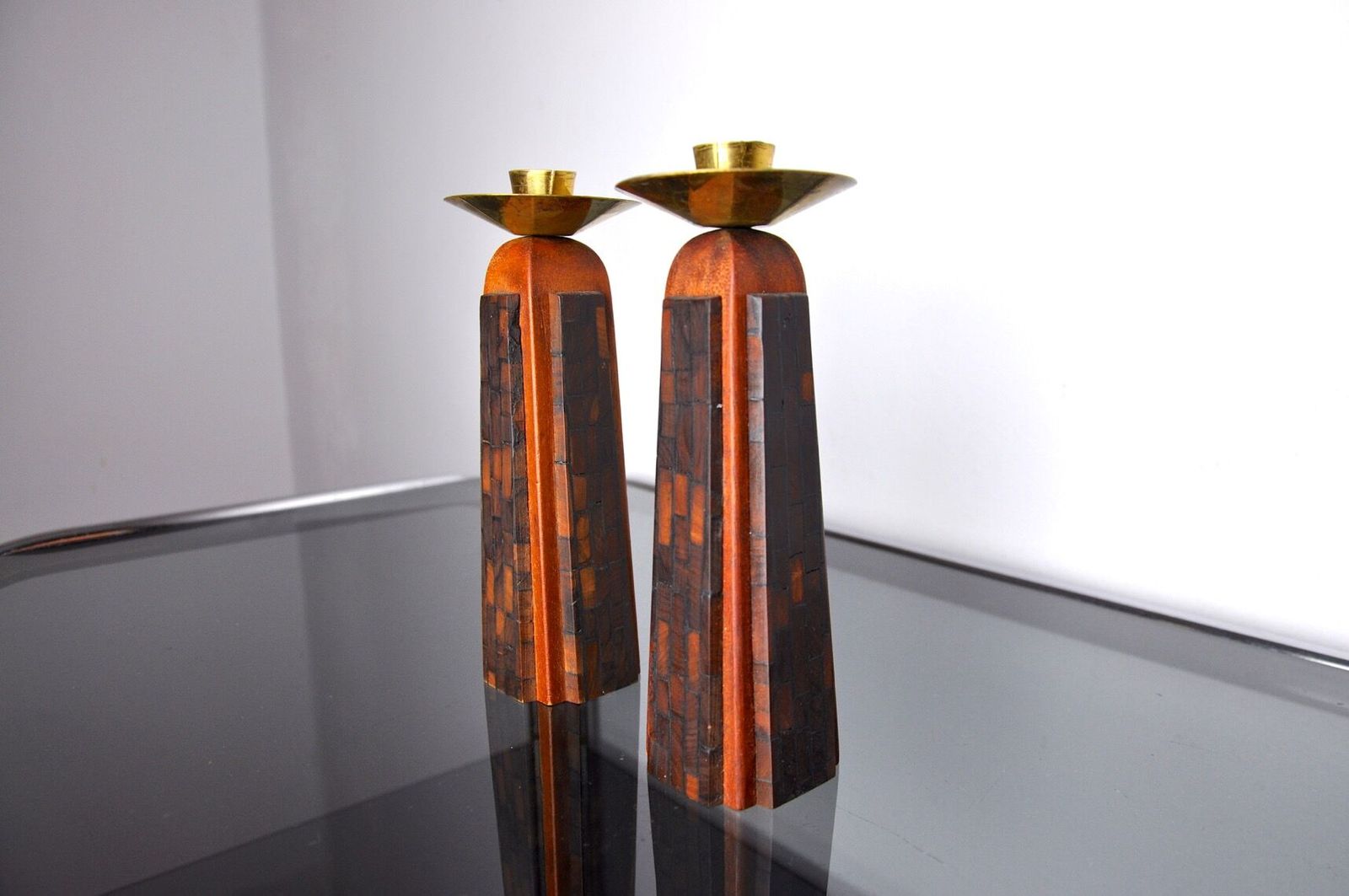 Pair Of David Candlesticks In Olive Wood Handcrafted In Israel 1960 photo Home Decor