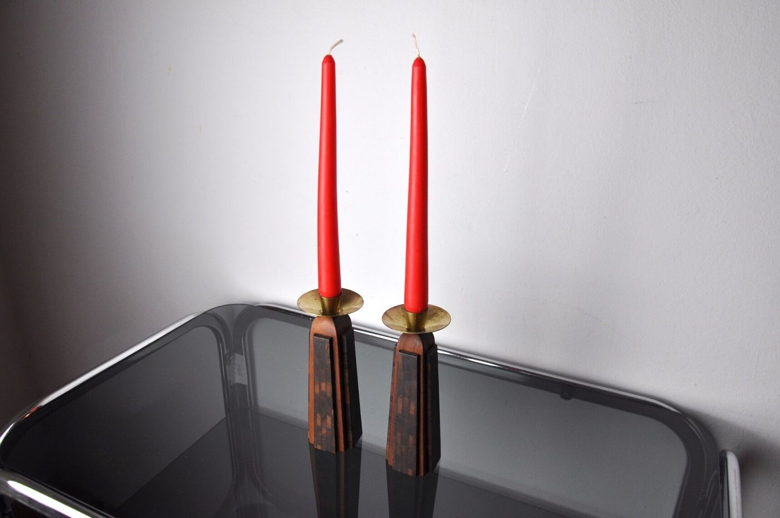Pair Of David Candlesticks In Olive Wood Handcrafted In Israel 1960 photo 1059.0