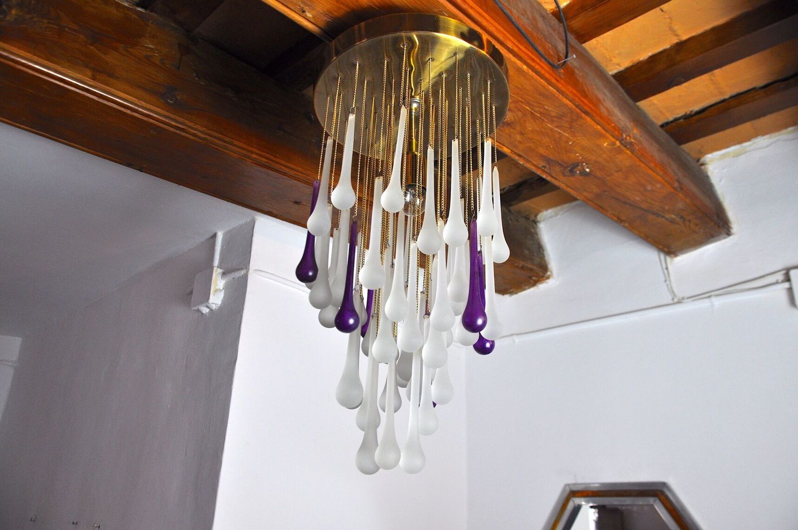 Cascading Ceiling Lamp By Venini Murano Crystals Two Tone Purple And White Italy 1960 photo furniture