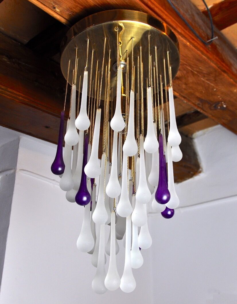 Cascading Ceiling Lamp By Venini Murano Crystals Two Tone Purple And White Italy 1960 photo for sale