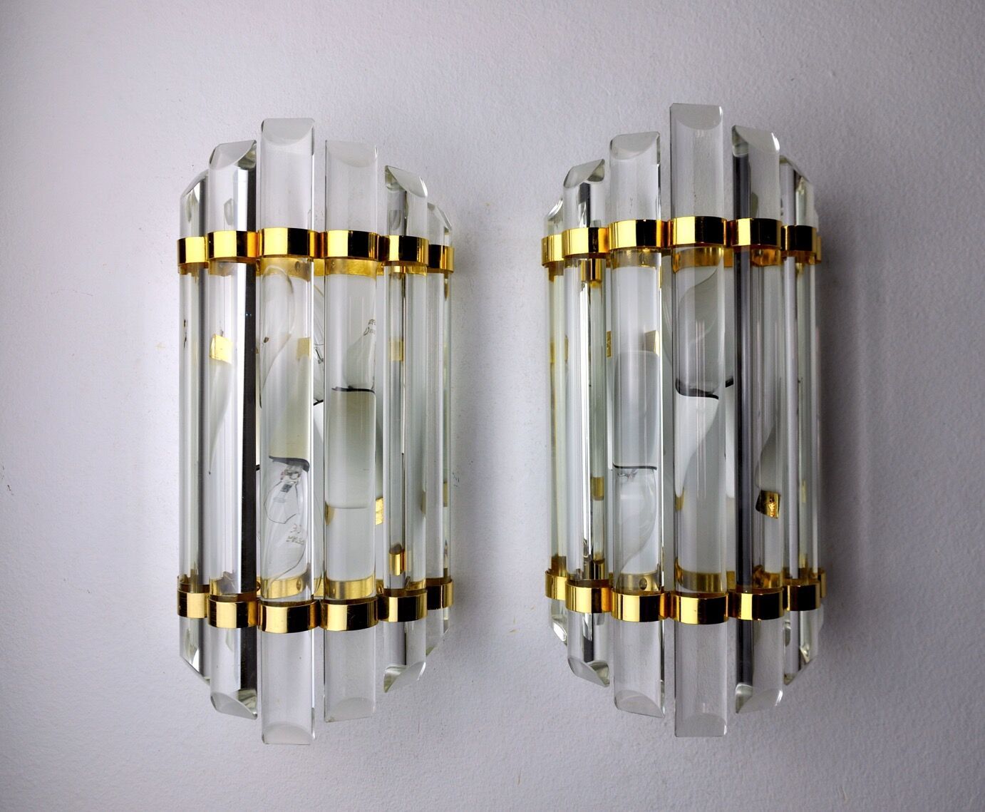Pair Of Venini Cut Glass Sconces Murano Italy 1970 photo vintage