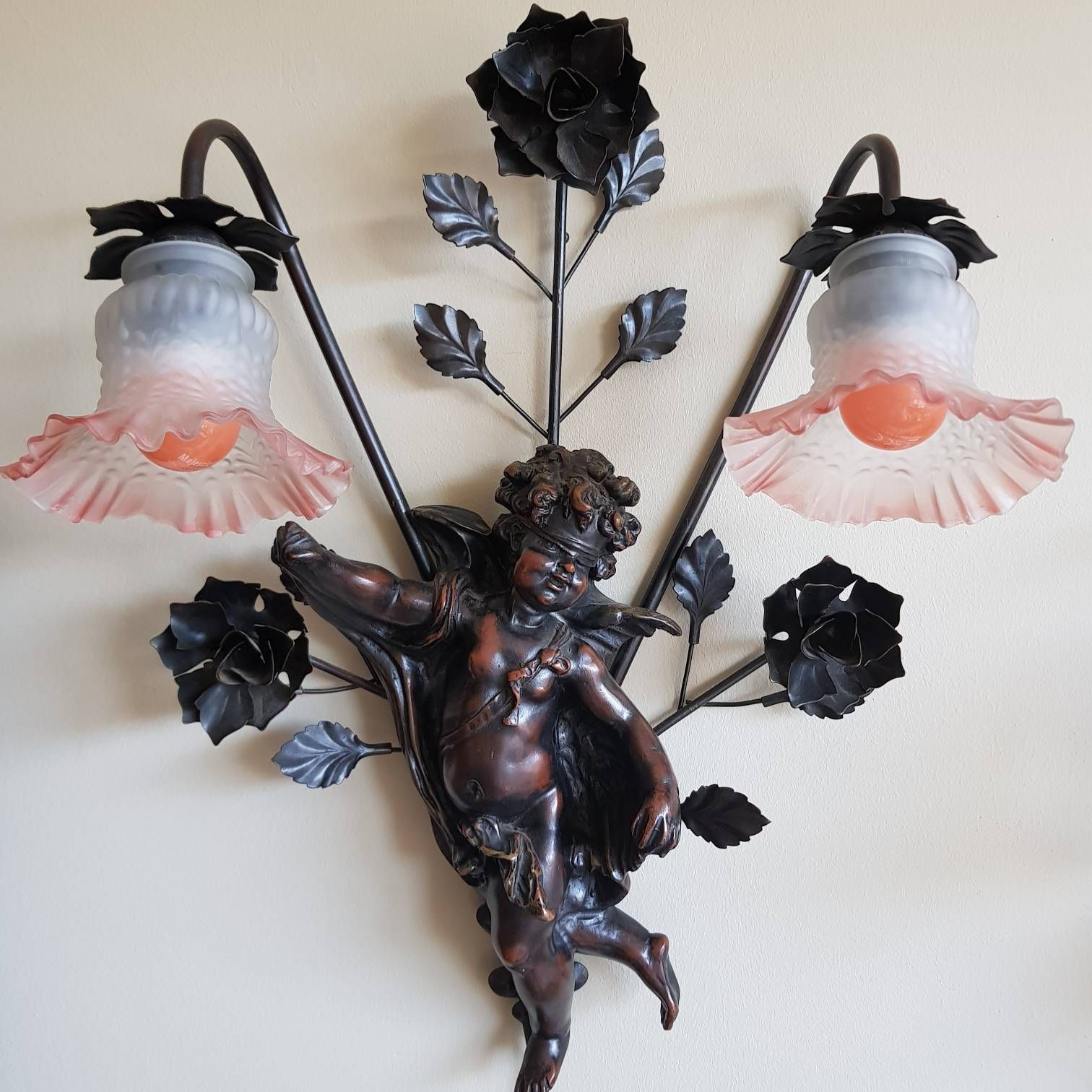 Wall Sconces With Cherubs, Angels Wall Lamps, Pink Lamp Shades Baroque Style photo vinterior