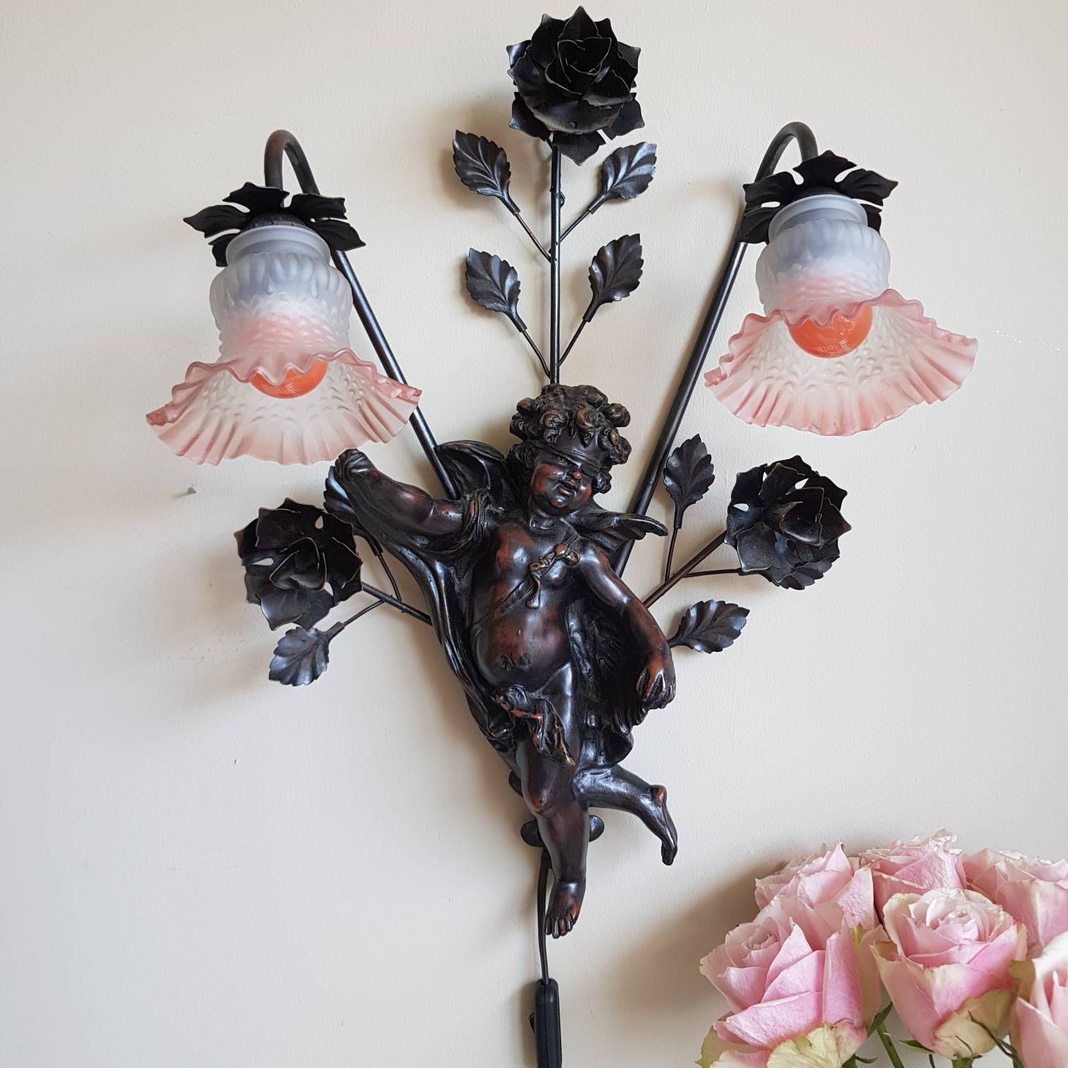 Wall Sconces With Cherubs, Angels Wall Lamps, Pink Lamp Shades Baroque Style photo vintage