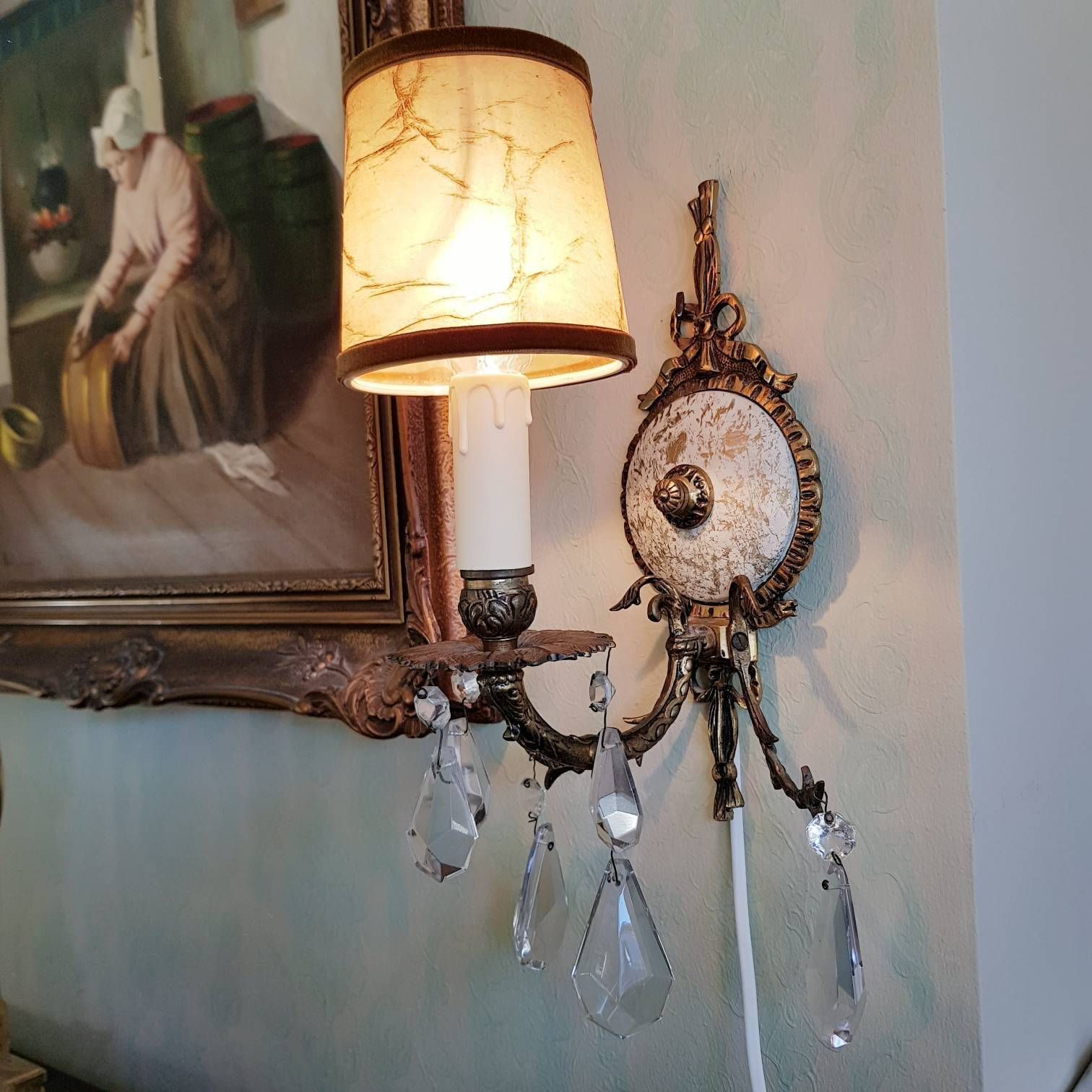 Vintage Pair Of Wall Sconces, Crystal Drops, Porcelain Medallion Lamps, Wall Light, Home Decor, Bronze Ribbons photo Lighting