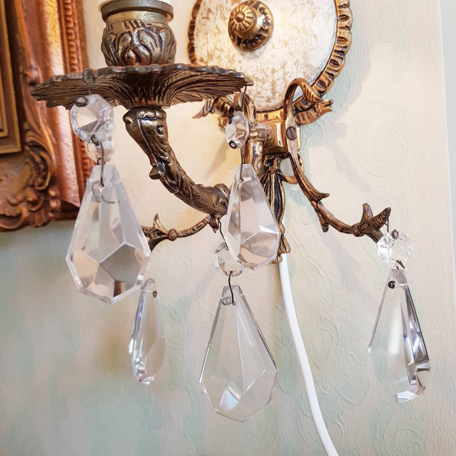 Vintage Pair Of Wall Sconces, Crystal Drops, Porcelain Medallion Lamps, Wall Light, Home Decor, Bronze Ribbons photo vintage