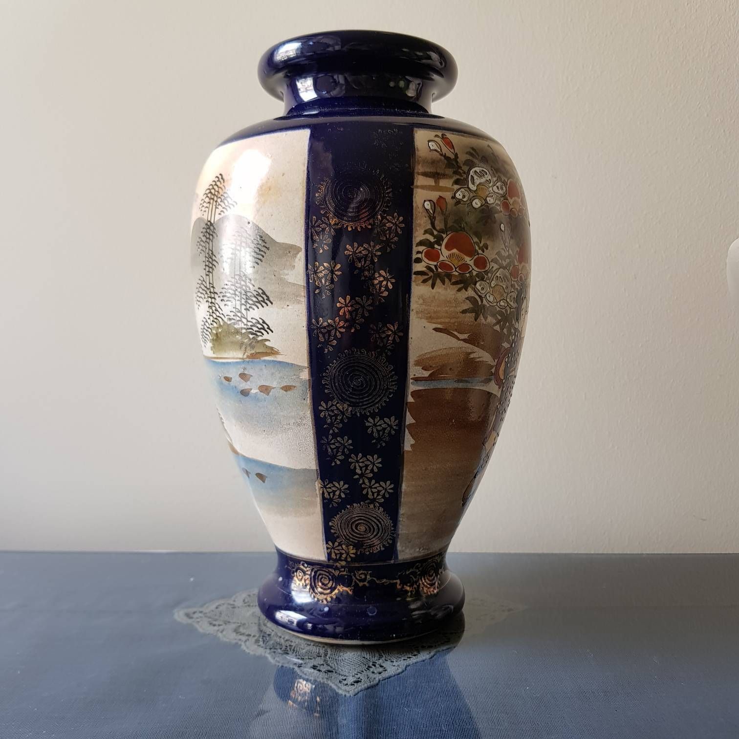Antique Vase, Japanese Vase, Cobalt Blue And Gold Tone, Satsuma Style Vase, Interior Design, Home Decor photo for sale