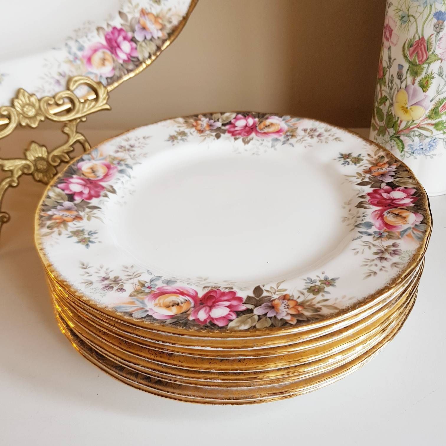Vintage Queen Anne Summer Rose, Porcealin Set, Table Set, Gold Glided, Tableware, Nice Gift photo buy