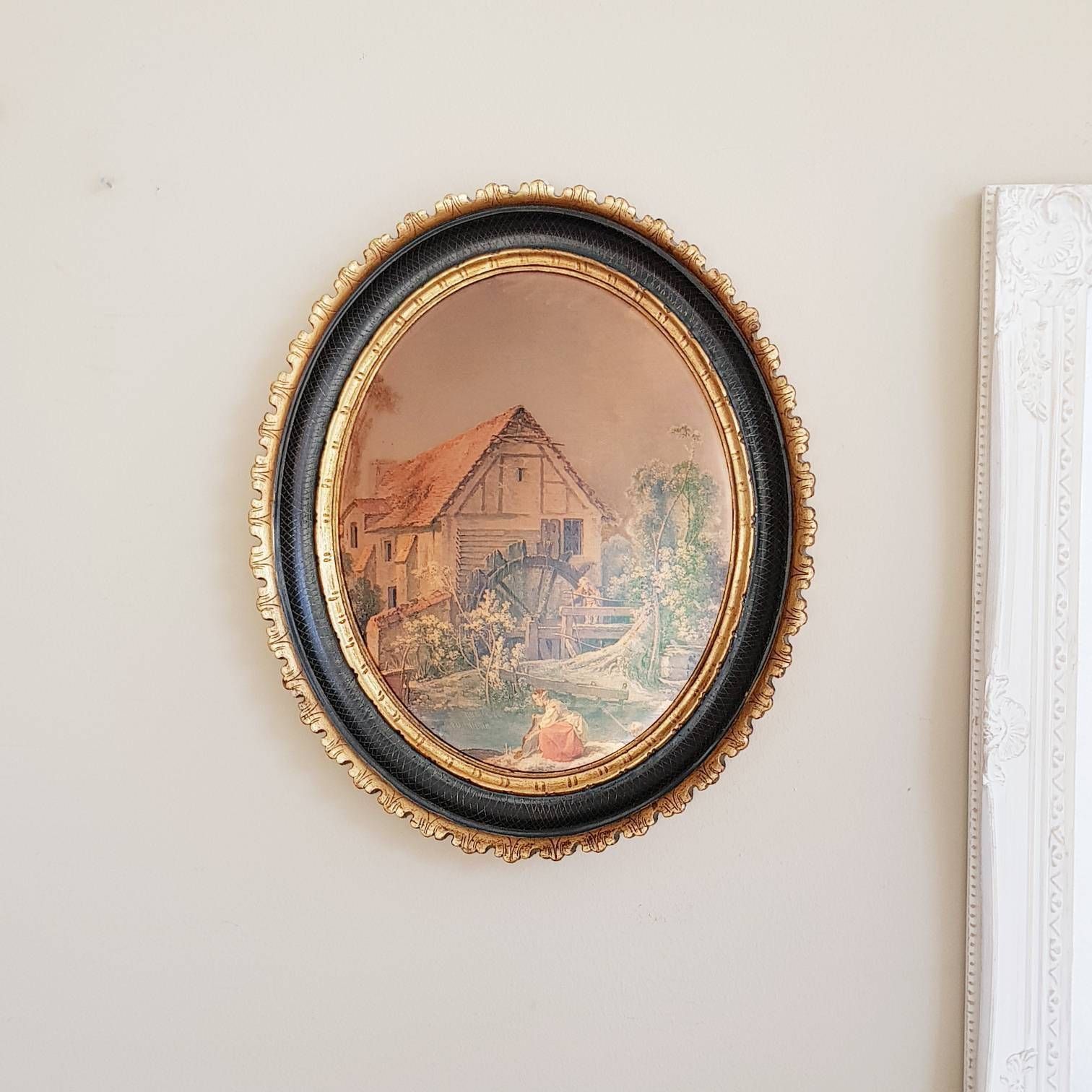 Italiaans Groot Ovaal Schilderij, Kunstdruk Op Messing, Romantisch Tafereel, Landschap, Wanddecoratie, Interieur photo furniture