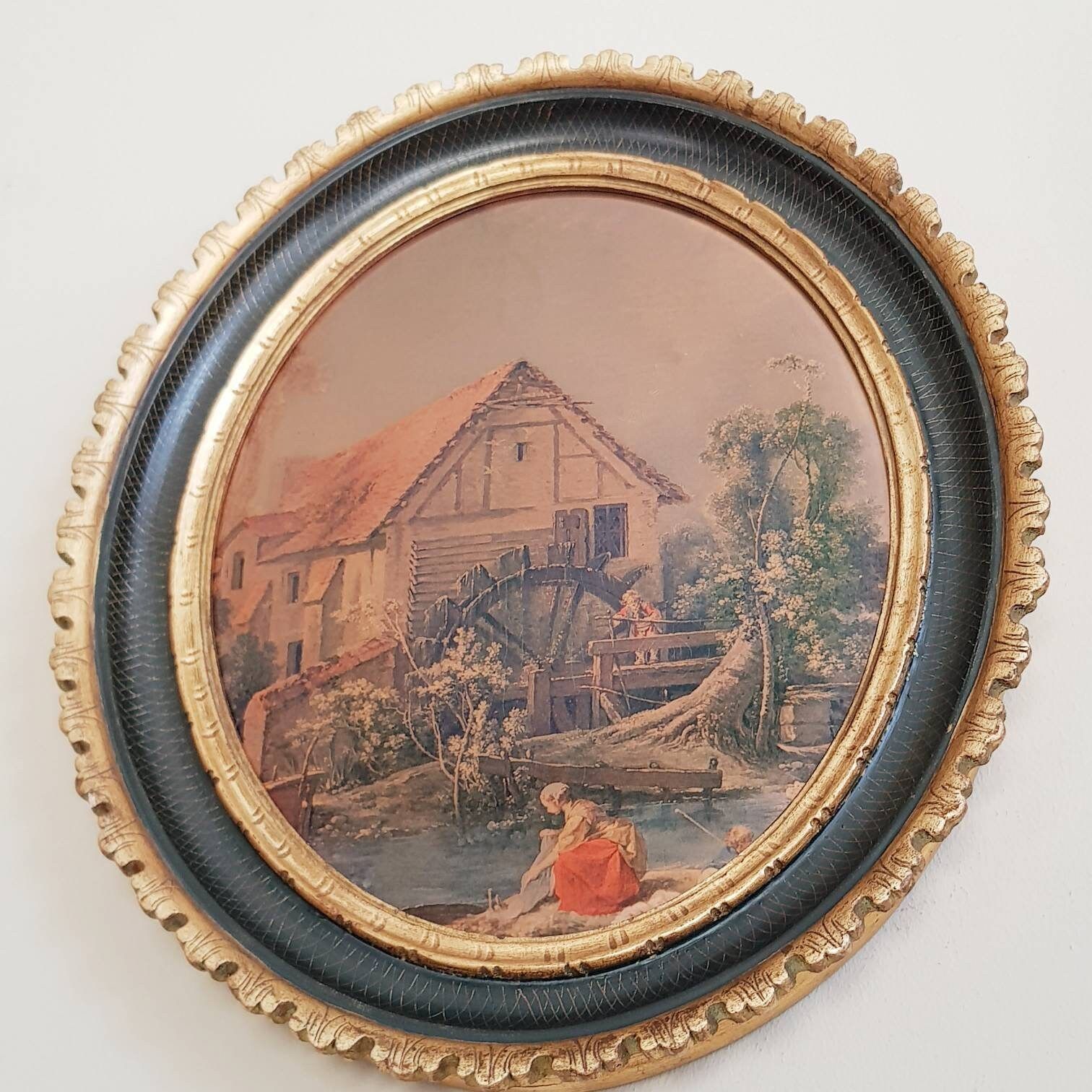Italiaans Groot Ovaal Schilderij, Kunstdruk Op Messing, Romantisch Tafereel, Landschap, Wanddecoratie, Interieur photo Kunst