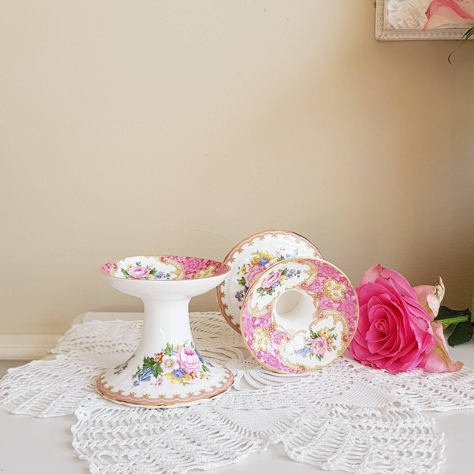 Vintage Royal Albert Lady Carlyle Pair Of Candle Holders, Video 360 photo for sale
