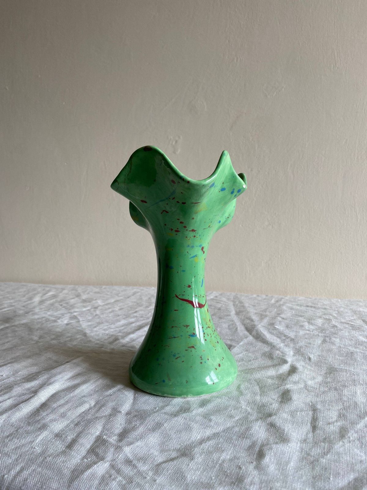 photo for sale Green Wiggly Wavy Handkerchief Vase With Hand Painted Splatter Detail Mid Century Vintage C. 1970