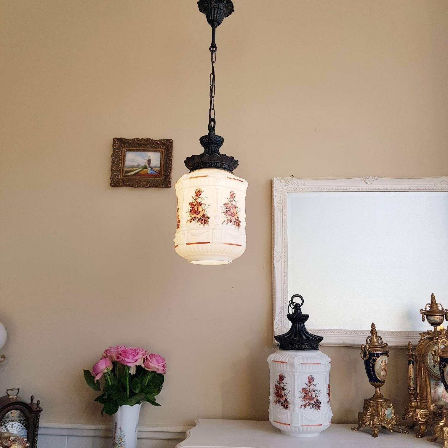 Vintage Paar Hanglampenkappen – Opaline Wit Glas, Art Deco