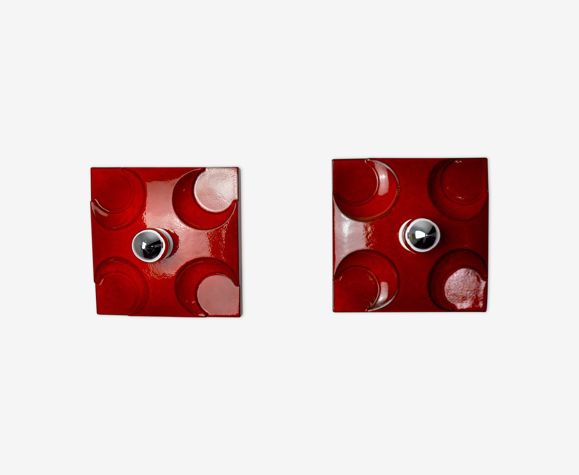 Pair Of Fat Lava Sconces By Hustadt Leuchten Orange Ceramic Germany 1960